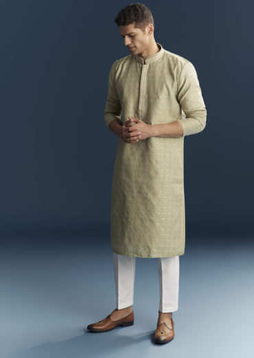 Lime Green Silk Kurta Set For Men