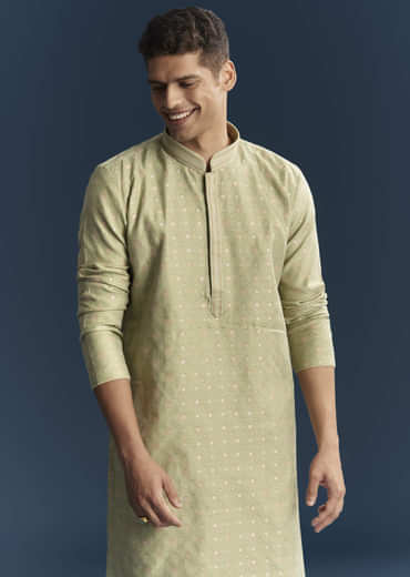 Lime Green Silk Kurta Set For Men