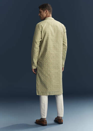Lime Green Silk Kurta Set For Men
