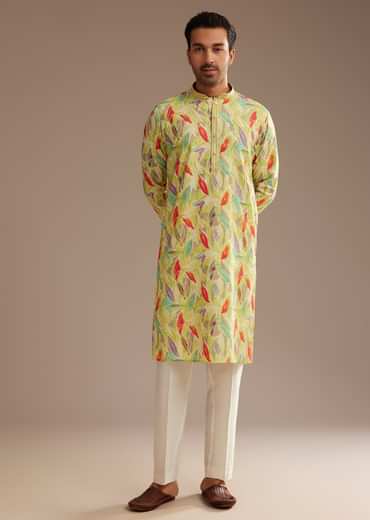 Lime Green Silk Leaf Printed Kurta Set