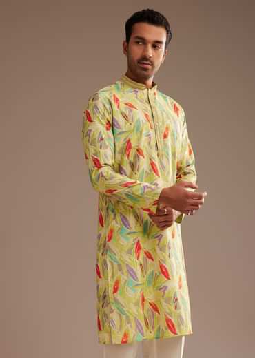 Lime Green Silk Leaf Printed Kurta Set