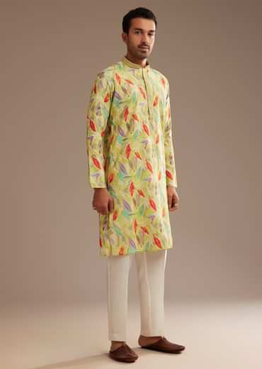 Lime Green Silk Leaf Printed Kurta Set