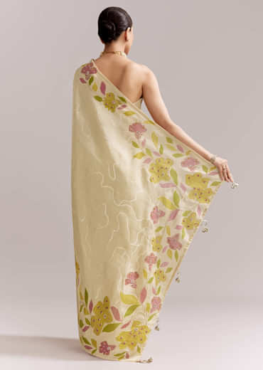 Lime Yellow Satin Saree With Digital Florals And Hand Embroidery