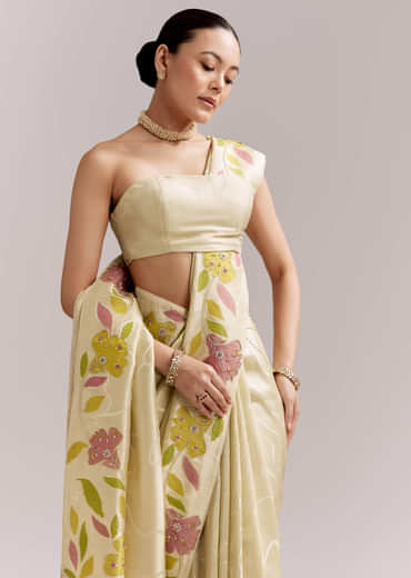Lime Yellow Satin Saree With Digital Florals And Hand Embroidery