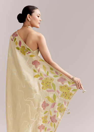 Lime Yellow Satin Saree With Digital Florals And Hand Embroidery