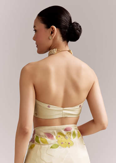 Lime Yellow Satin Saree With Digital Florals And Hand Embroidery