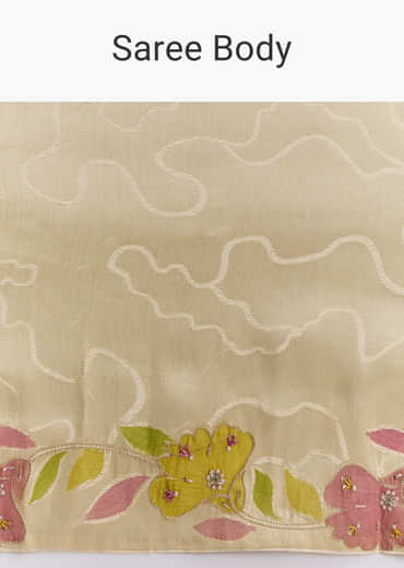 Lime Yellow Satin Saree With Digital Florals And Hand Embroidery