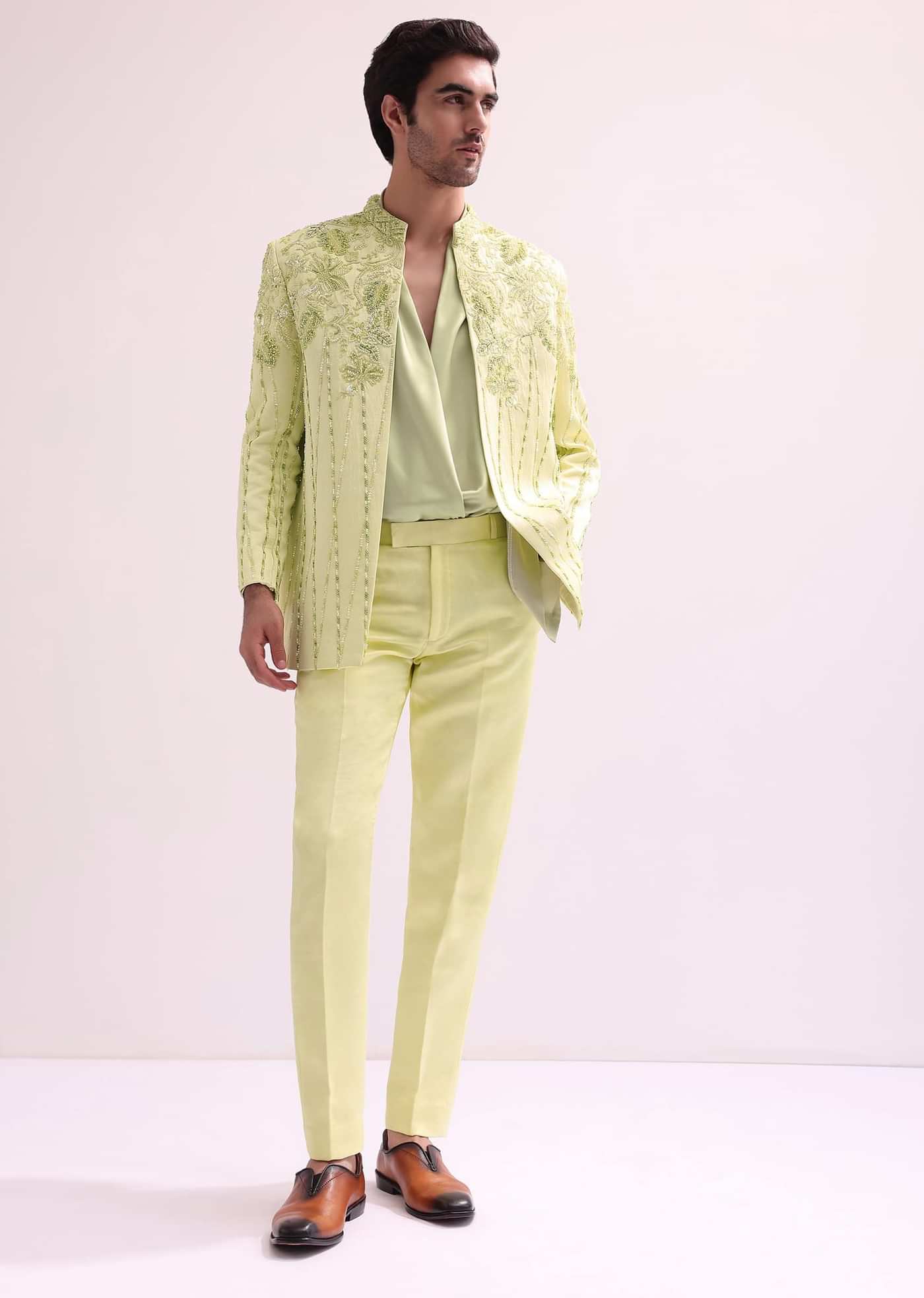 Lime Bandhgala Jacket And Pant Set With Floral Embroidery