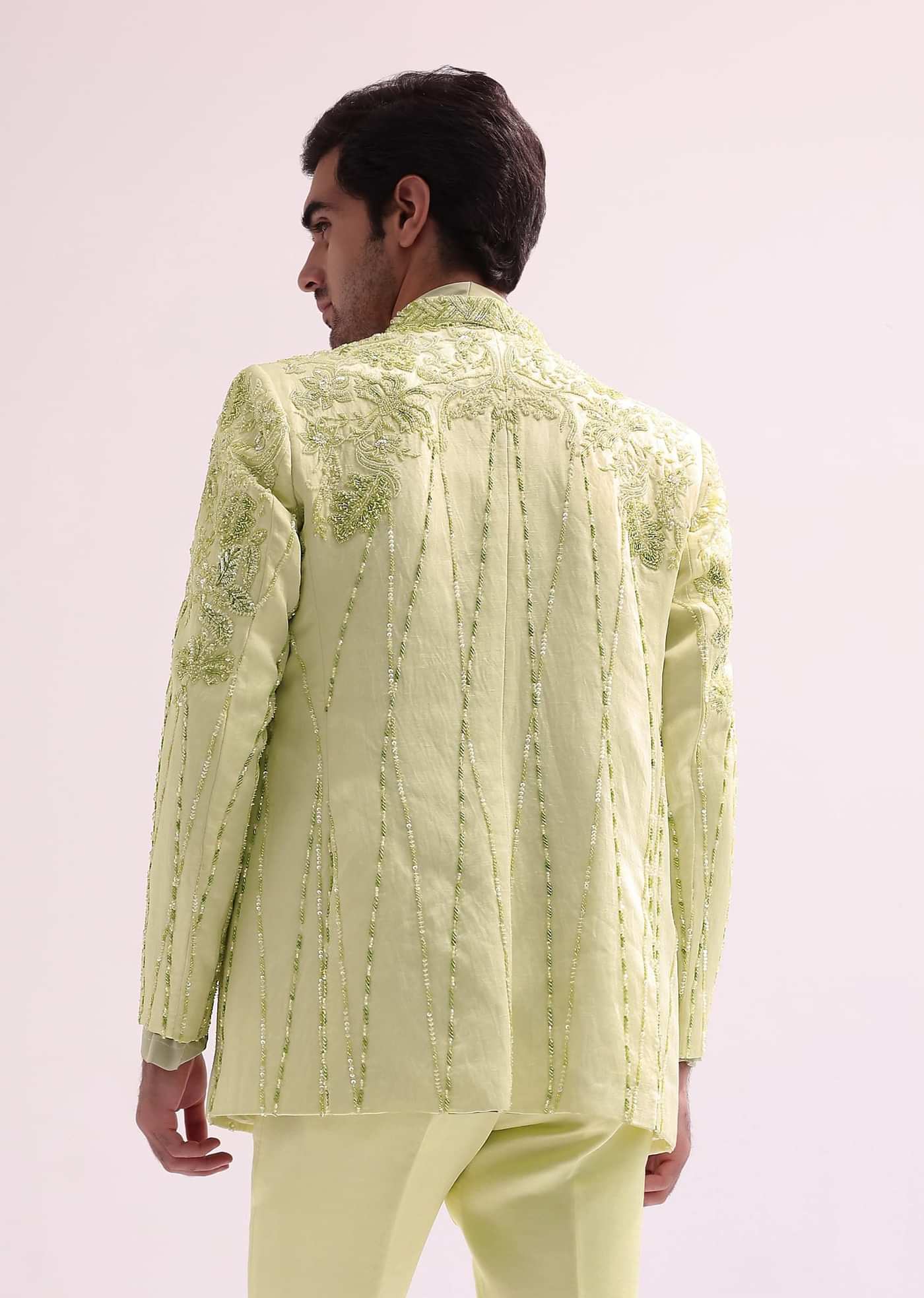 Lime Bandhgala Jacket And Pant Set With Floral Embroidery