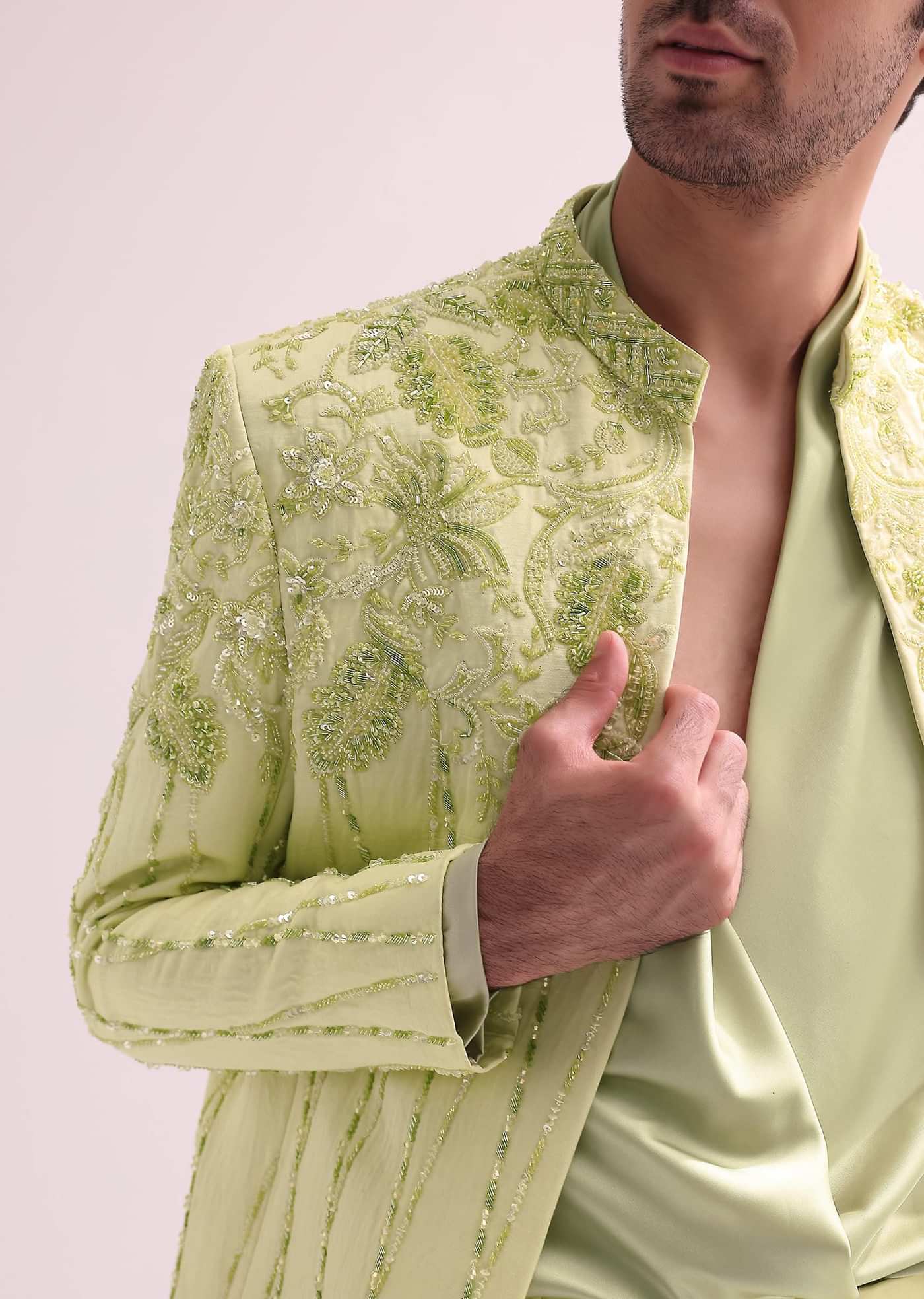 Lime Bandhgala Jacket And Pant Set With Floral Embroidery