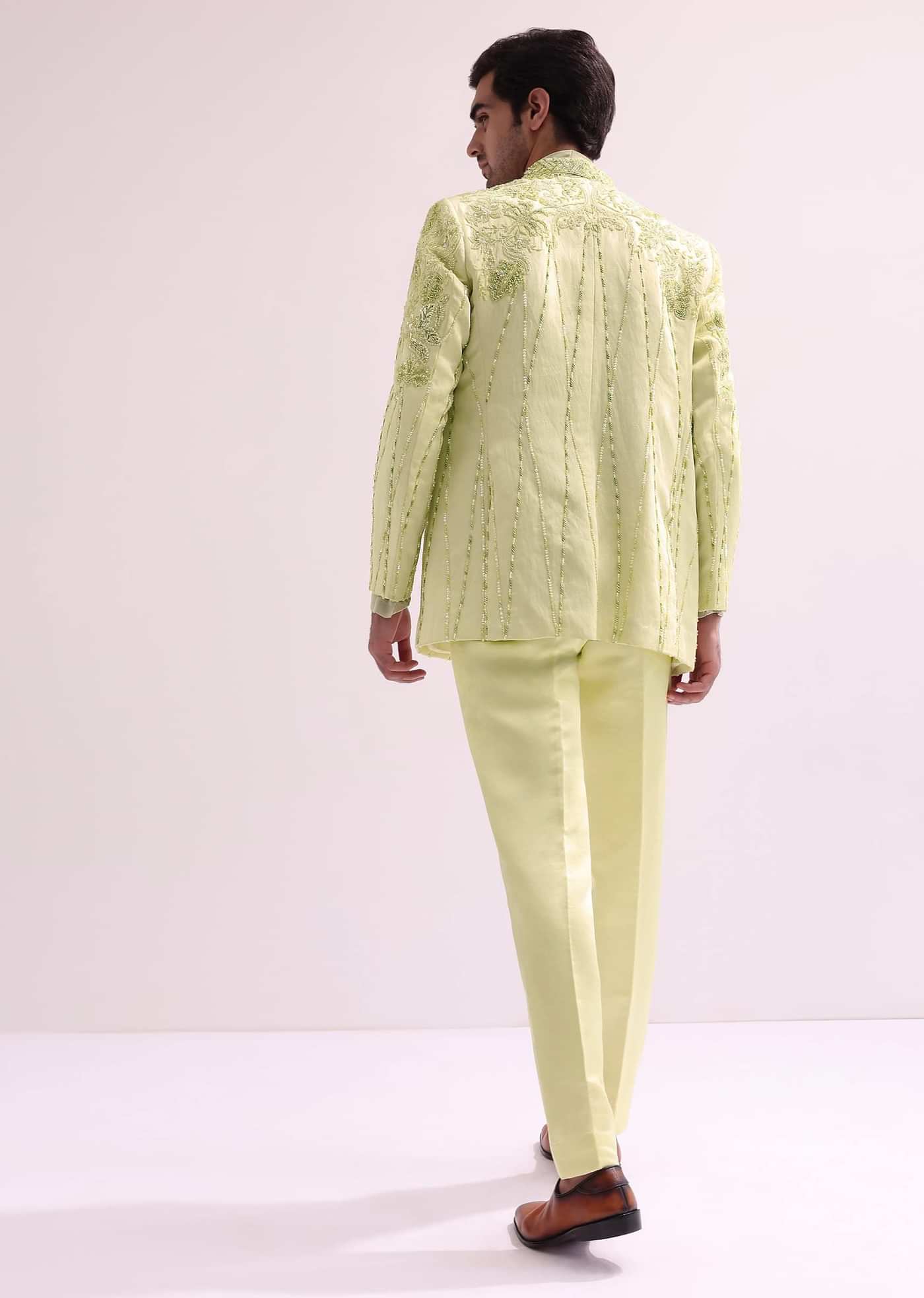 Lime Bandhgala Jacket And Pant Set With Floral Embroidery