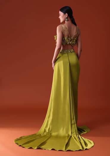 Lime Green Zardosi Draped Slit Skirt With 3D Multi Strap Blouse