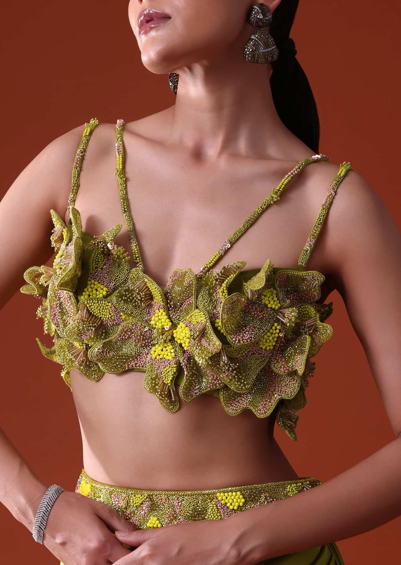 Lime Green Zardosi Draped Slit Skirt With 3D Multi Strap Blouse