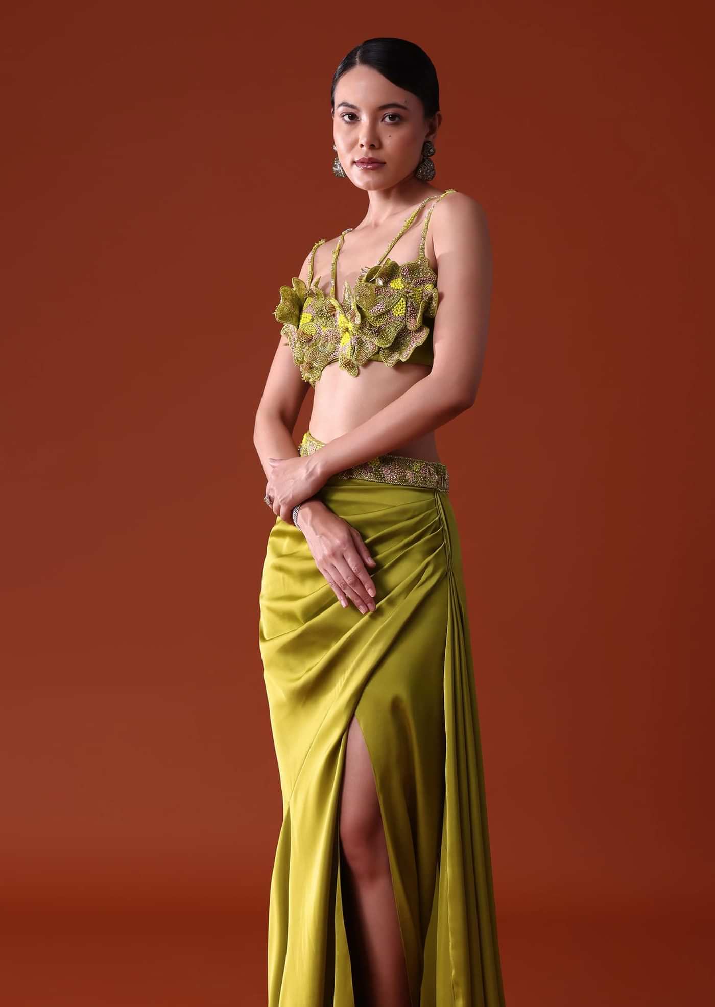 Lime Green Zardosi Draped Slit Skirt With 3D Multi Strap Blouse