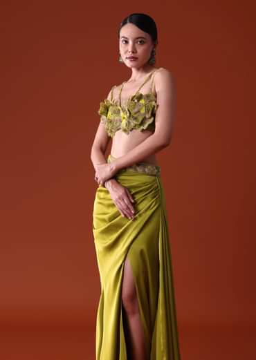 Lime Green Zardosi Draped Slit Skirt With 3D Multi Strap Blouse