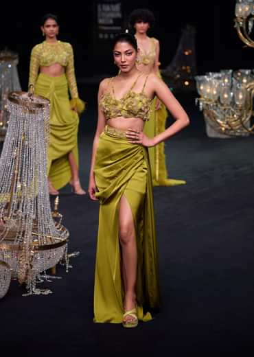 Lime Green Zardosi Draped Slit Skirt With 3D Multi Strap Blouse