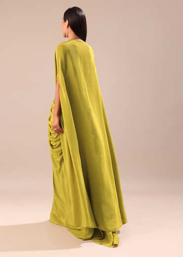 Lime Green Dhoti With Embroidered Blouse And Cape