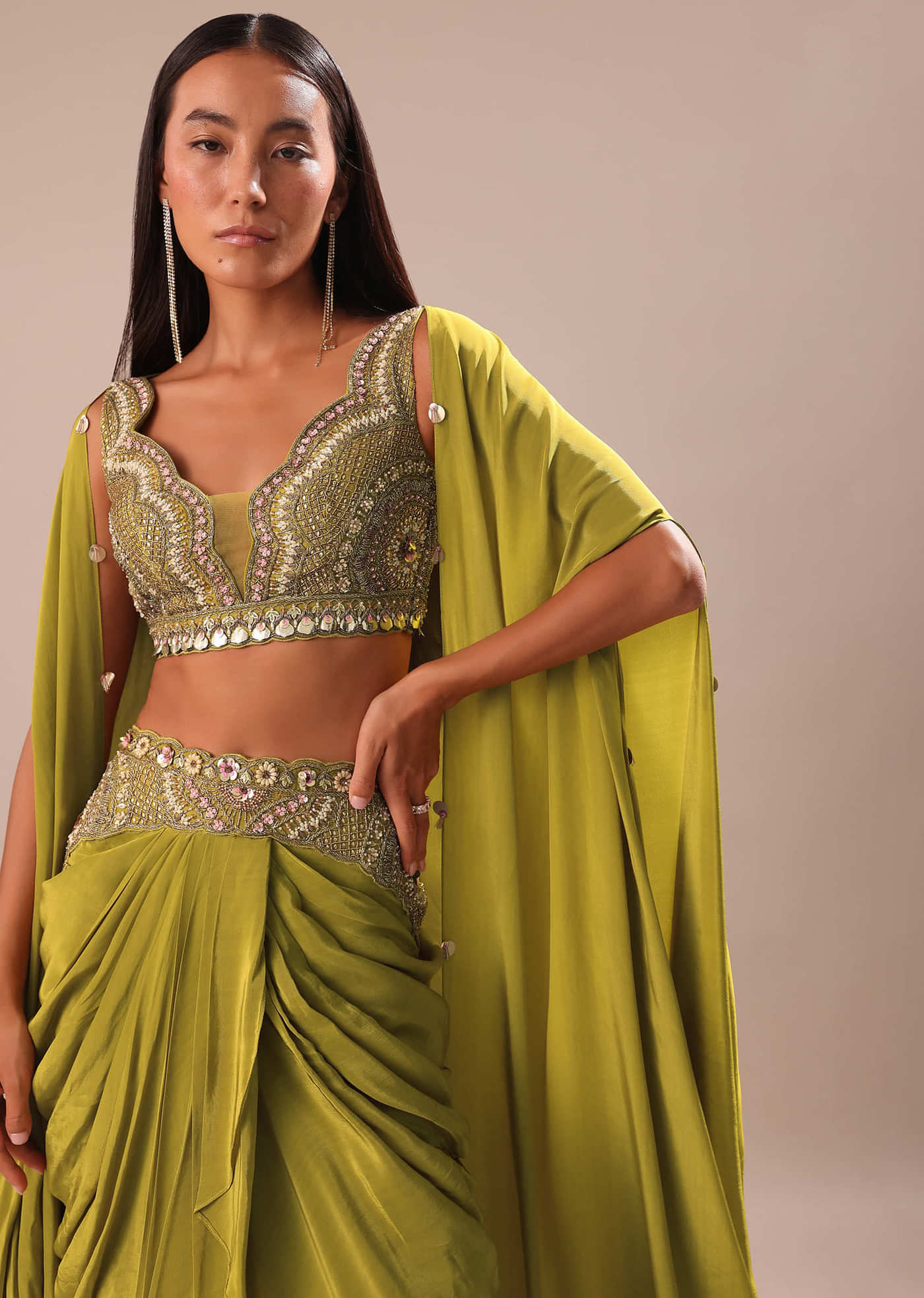 Lime Green Dhoti With Embroidered Blouse And Cape