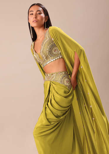 Lime Green Dhoti With Embroidered Blouse And Cape