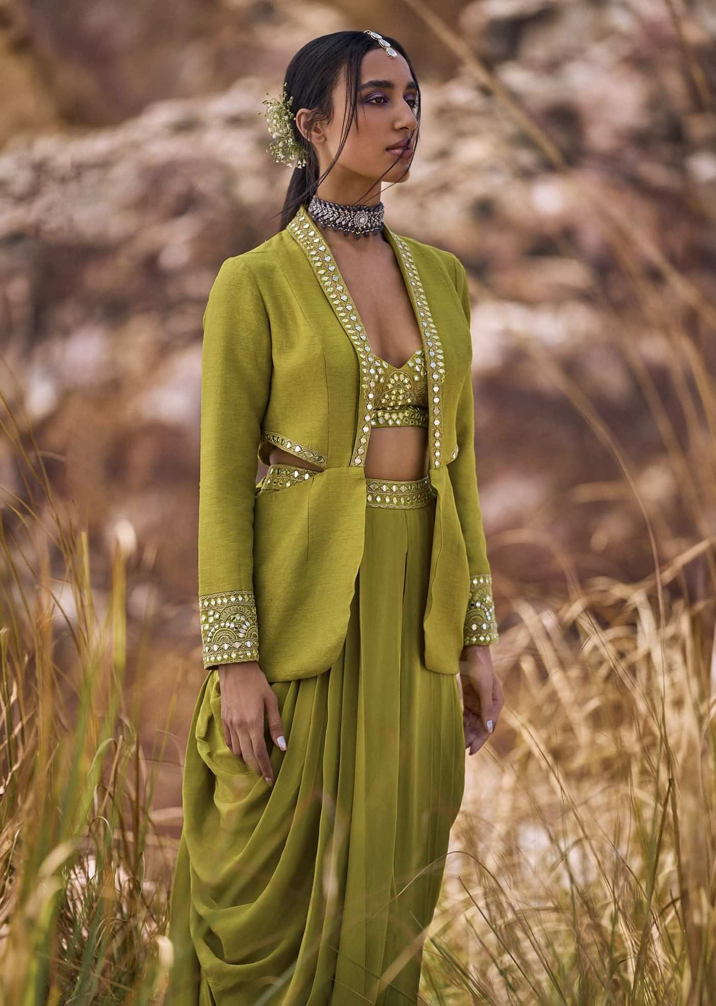 Lime Green Mirror Bustier With Jacket And Draped Skirt