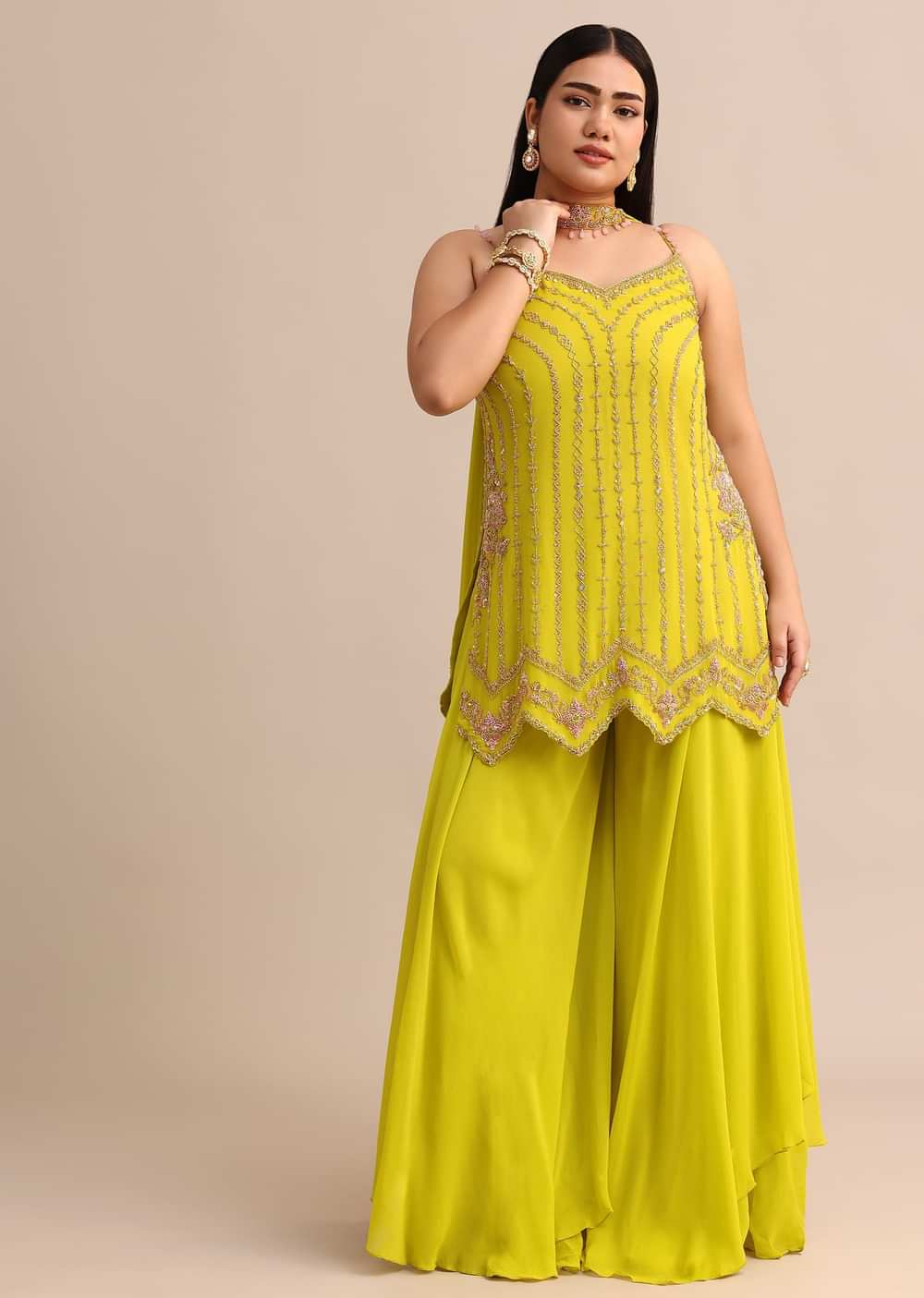 Lime Green Sharara Suit With Choker Dupatta