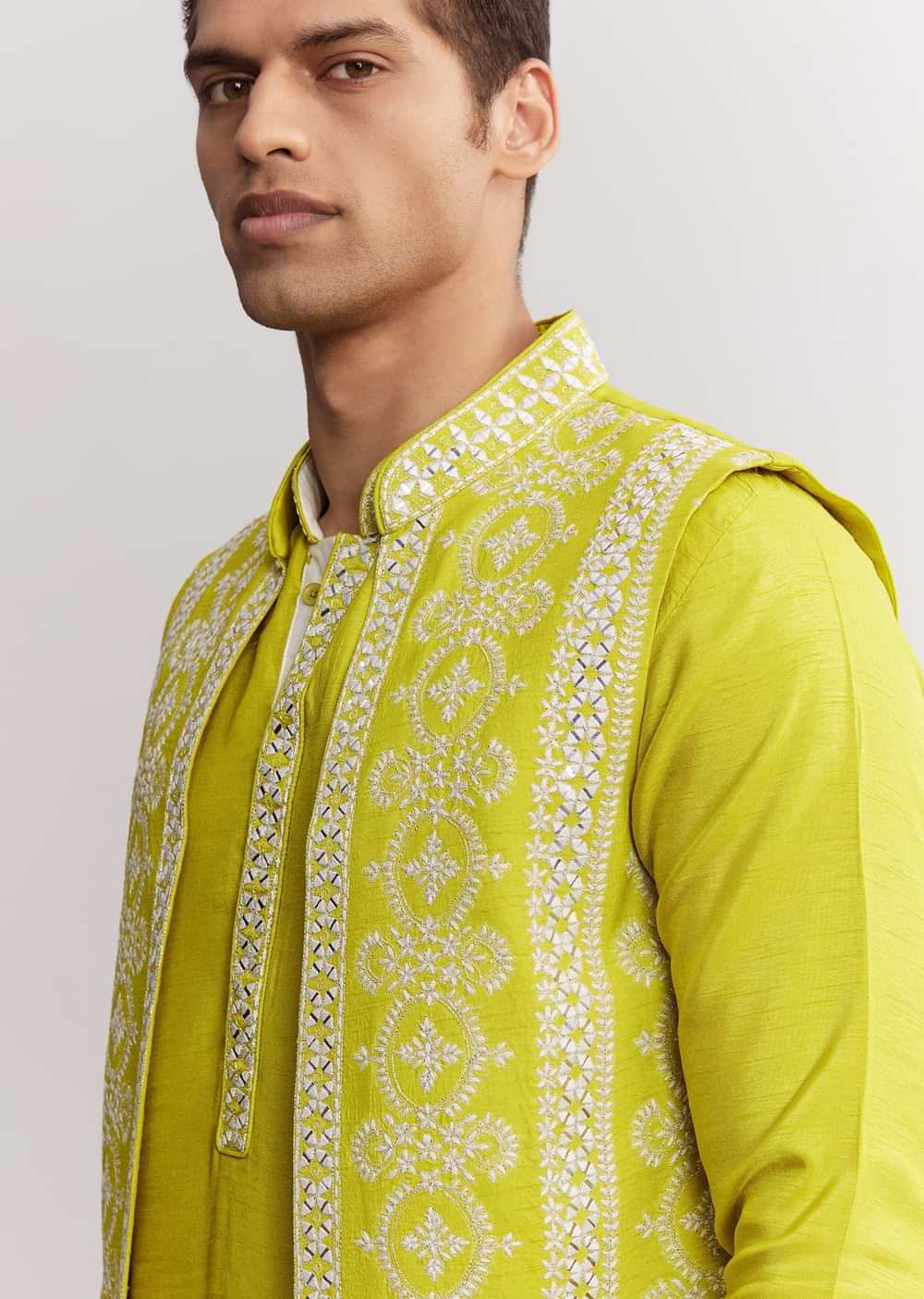 Lime Green Silk Jacket Kurta Set With Gotta Embroidery