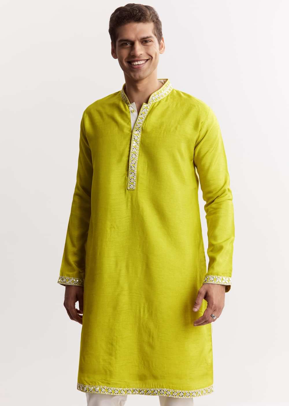 Lime Green Silk Jacket Kurta Set With Gotta Embroidery
