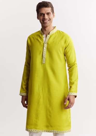 Lime Green Silk Jacket Kurta Set With Gotta Embroidery