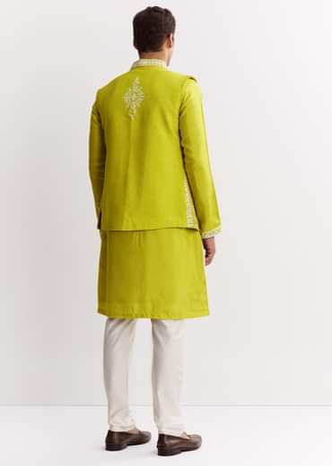 Lime Green Silk Jacket Kurta Set With Gotta Embroidery
