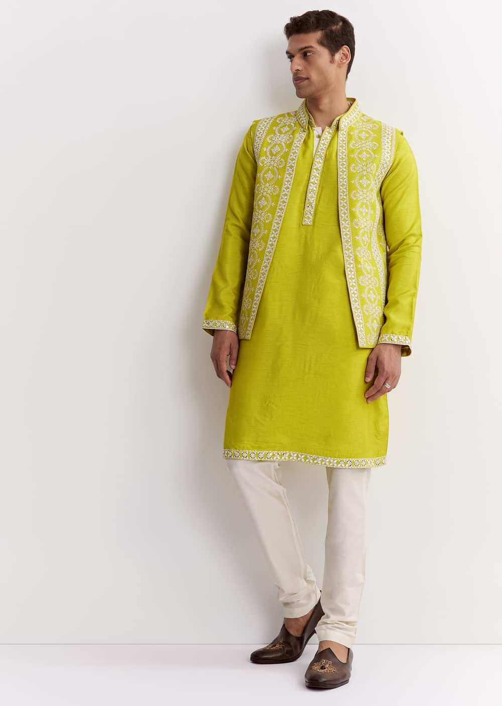 Lime Green Silk Jacket Kurta Set With Gotta Embroidery