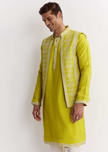 Lime Green Silk Jacket Kurta Set With Gotta Embroidery