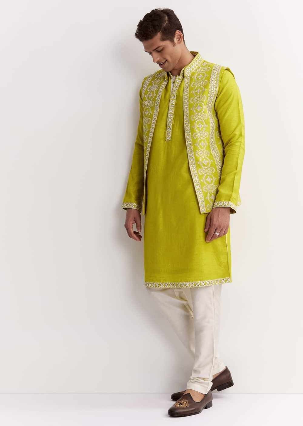 Lime Green Silk Jacket Kurta Set With Gotta Embroidery