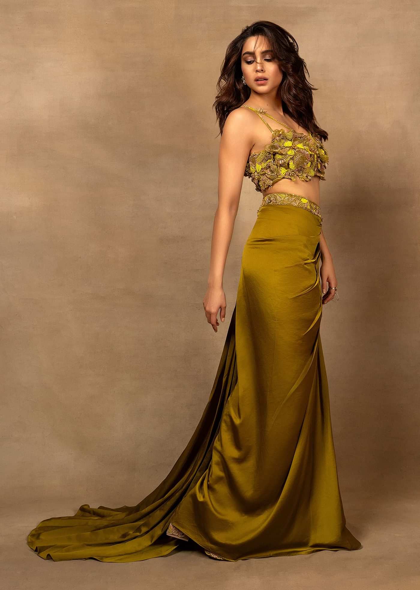 Lime Green Zardosi Draped Slit Skirt With 3D Multi Strap Blouse