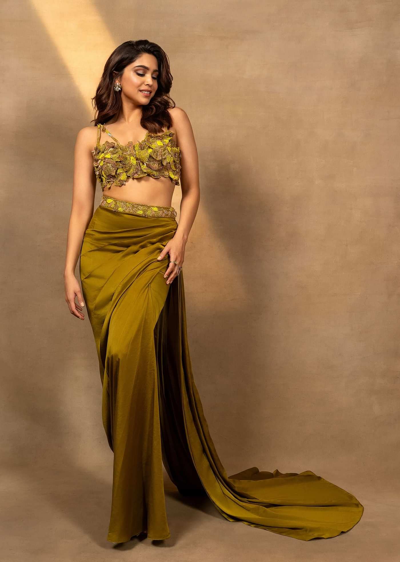 Lime Green Zardosi Draped Slit Skirt With 3D Multi Strap Blouse