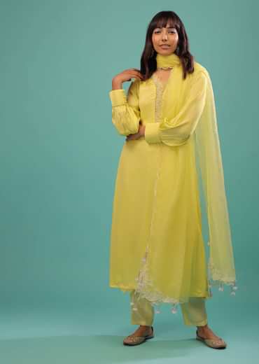 Lime Yellow Bemberg Silk A Line Suit In Organza