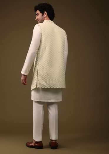 Lime Yellow Festive Textured Jacket Kurta Set With Cut Dana And Thread Embroidery In Art Silk