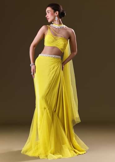 Lime Yellow Fishcut Skirt With One Shoulder Blouse And Tasseled Belt