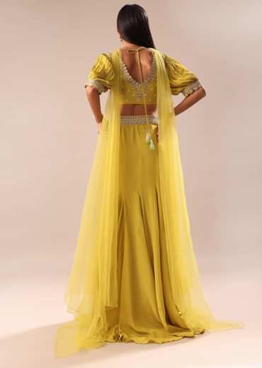 Lime Yellow Hand Embroidered Skirt And Blouse Set