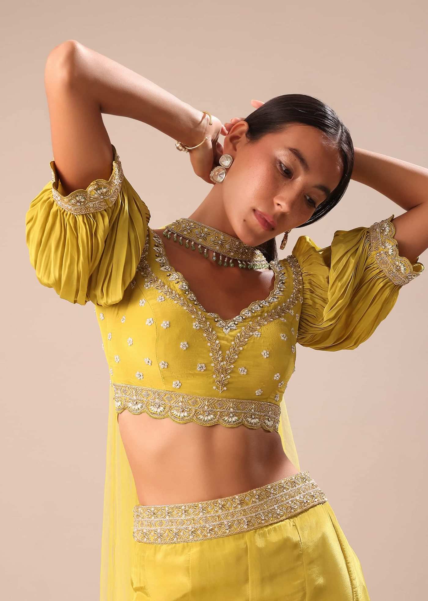 Lime Yellow Hand Embroidered Skirt And Blouse Set