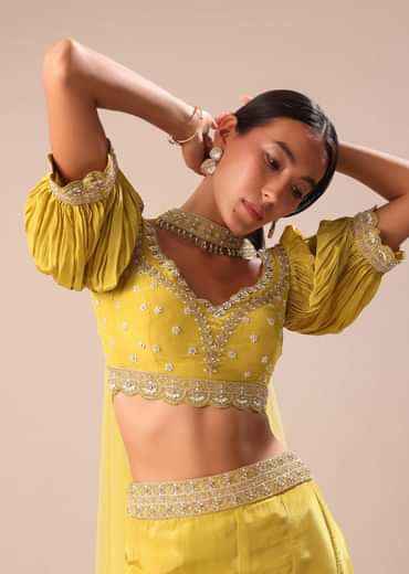 Lime Yellow Hand Embroidered Skirt And Blouse Set