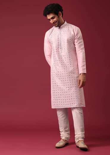 Lotus Pink Kurta Set In Silk With Mirror Work