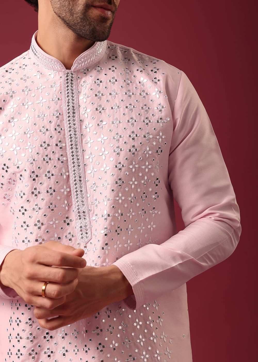 Lotus Pink Kurta Set In Silk With Mirror Work