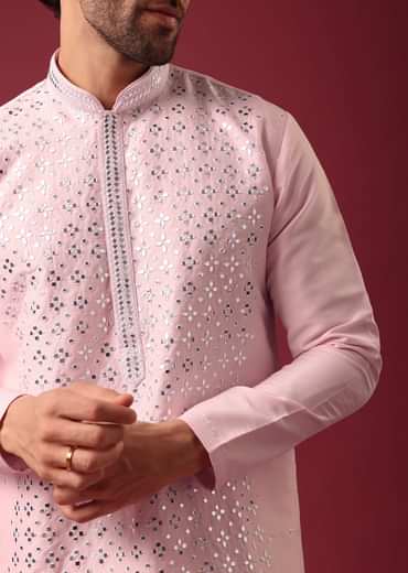 Lotus Pink Kurta Set In Silk With Mirror Work