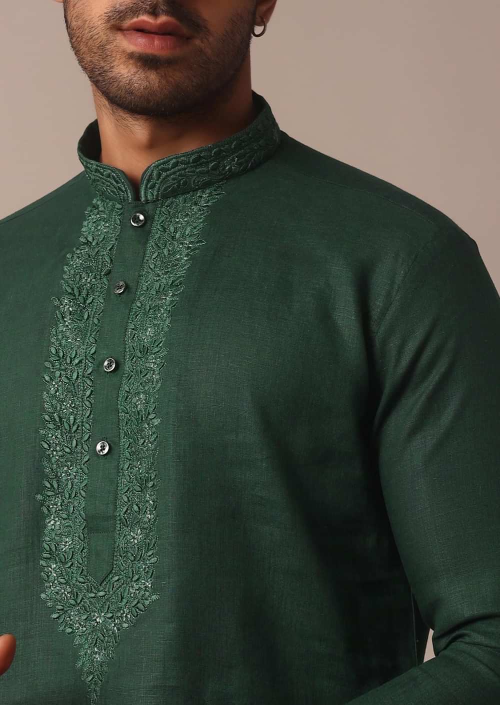 Lush Green Linen Kurta With Intricate Yoke Work