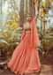 Fusion Coral Skirt In Crepe With Hand Embroidered Raw Silk Choli With Plunging Neckline