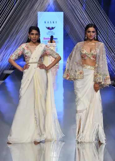 Cream Ready Pleated Saree With Multi Colored Floral Hand Work On The Blouse