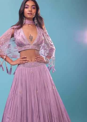 Ombre Lehenga And Crop Top In Moti Cut An Dana Embroidery, Cape Jacket In Tassels Fringes At The Border