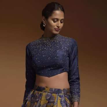 Indigo Crop Top In Silk Blend With Sequins And Beads Work In Gradient Pattern And Full Sleeves