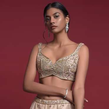 Gold Beige Blouse In Raw Silk With Sweetheart Neckline And Embroidered Floral And Checks Pattern