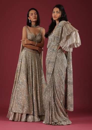 Oyster Net Lehenga And Crop Top With 3D Petal Motifs And An Open Back